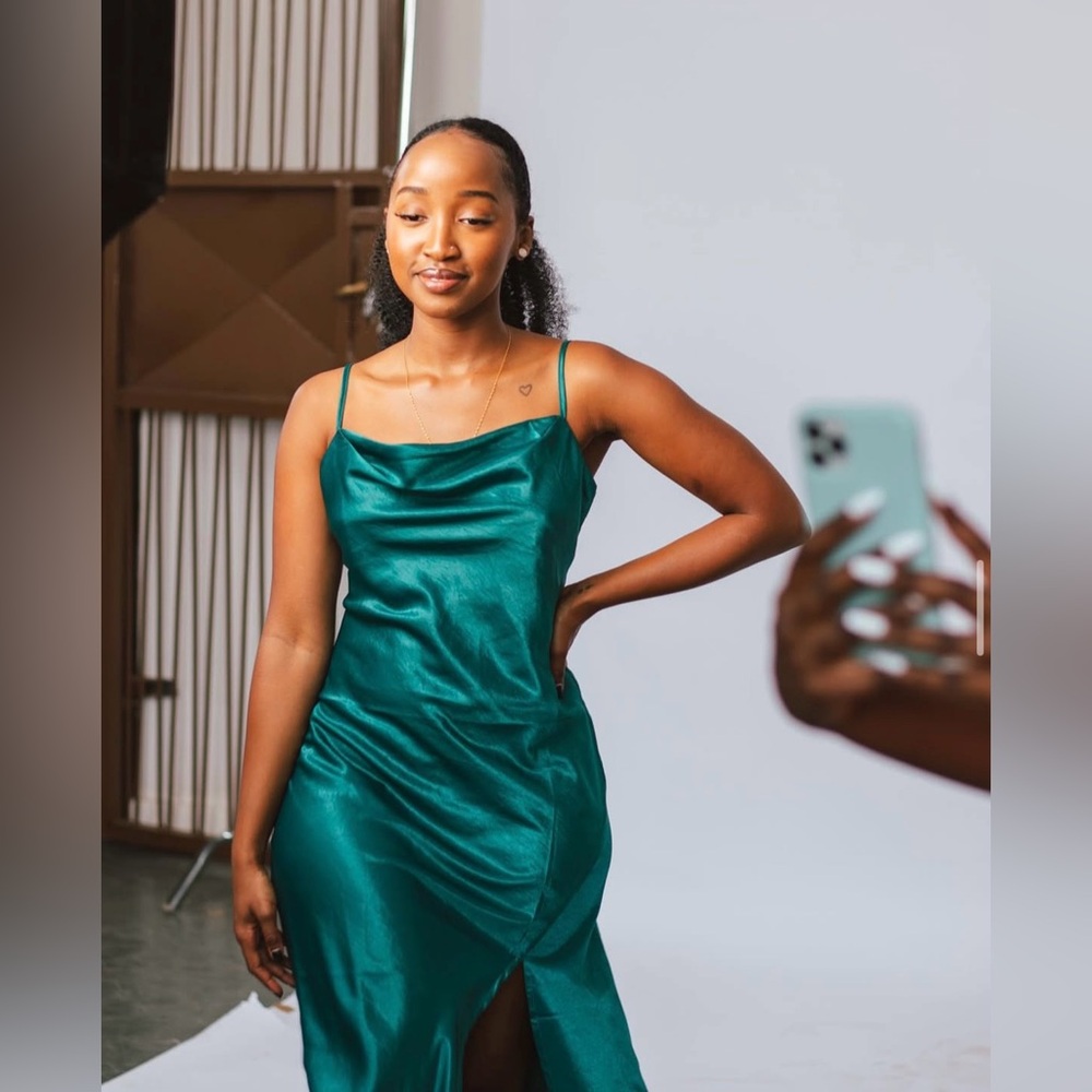 Teal/Blue Satin Midi Dress